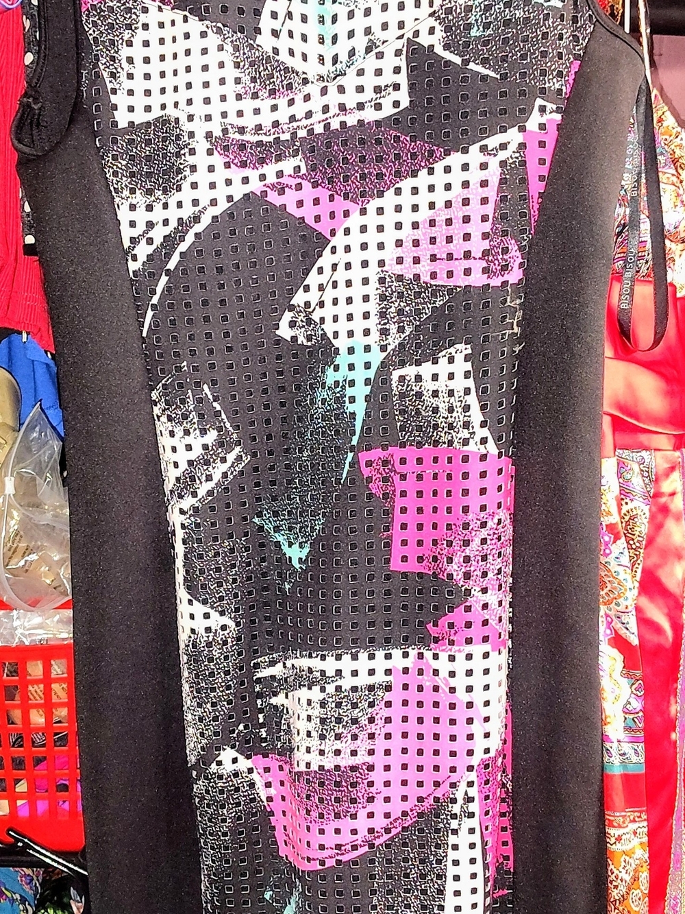 Bisou Bisou Black Dress with Pink and Teal Graphic Panel